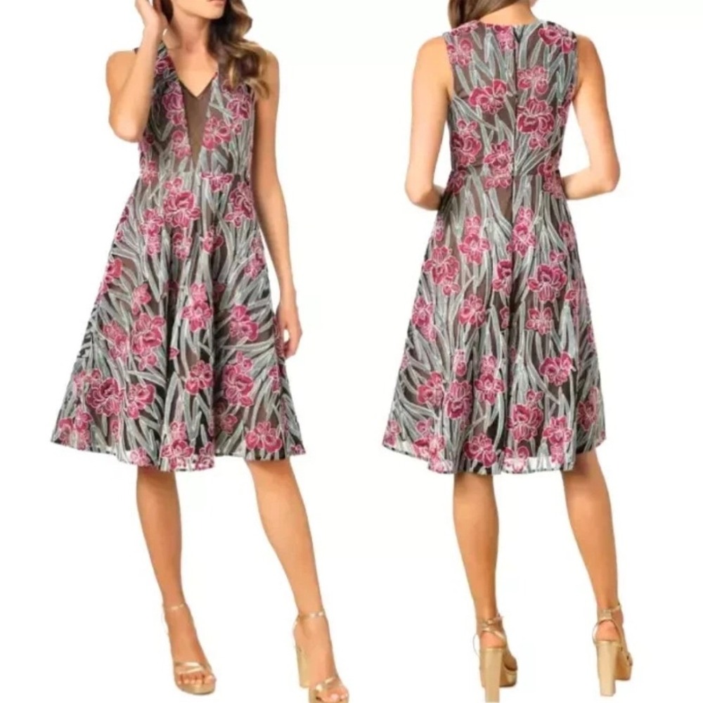 Dress the Population Macie Floral Embroidered Mesh Fit Flare Dress Fuchsia M